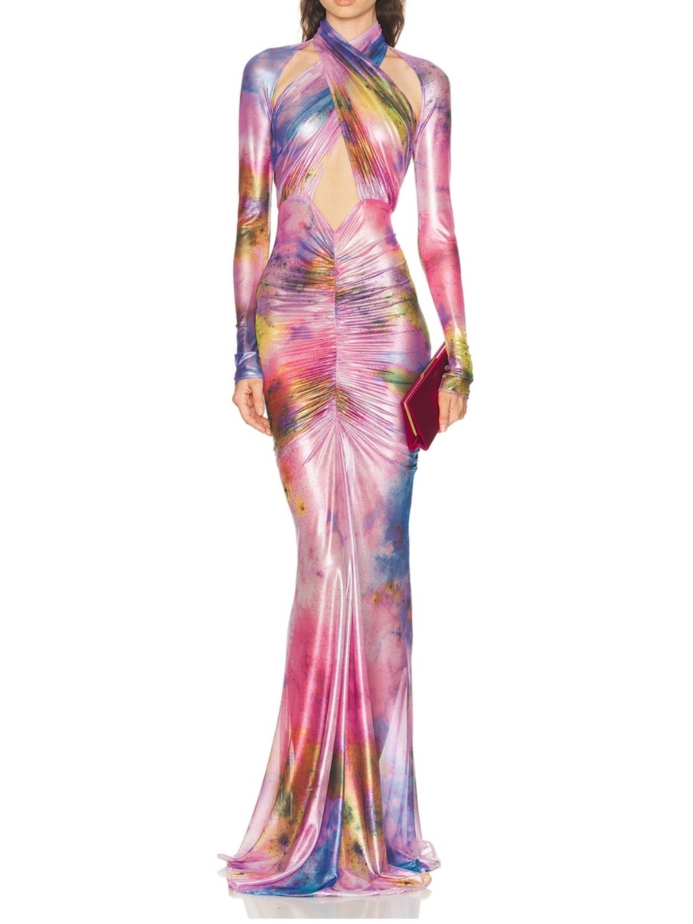 LAPOINTE Multi-Color Cutout Ruched Long Sleeve Evening Gown